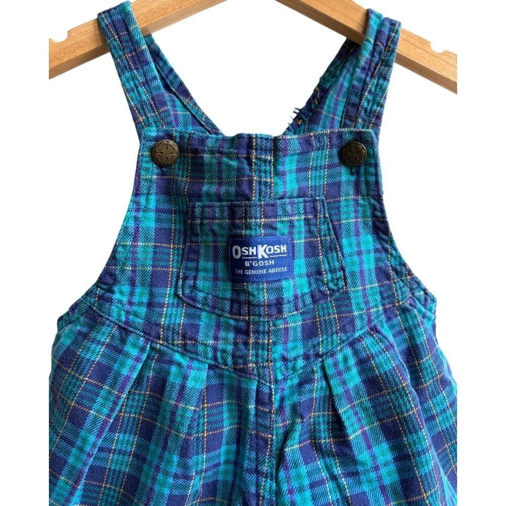 Vintage OshKosh Baby B'gosh Blue Plaid Bubble Romper Shortall Overalls Size 24M